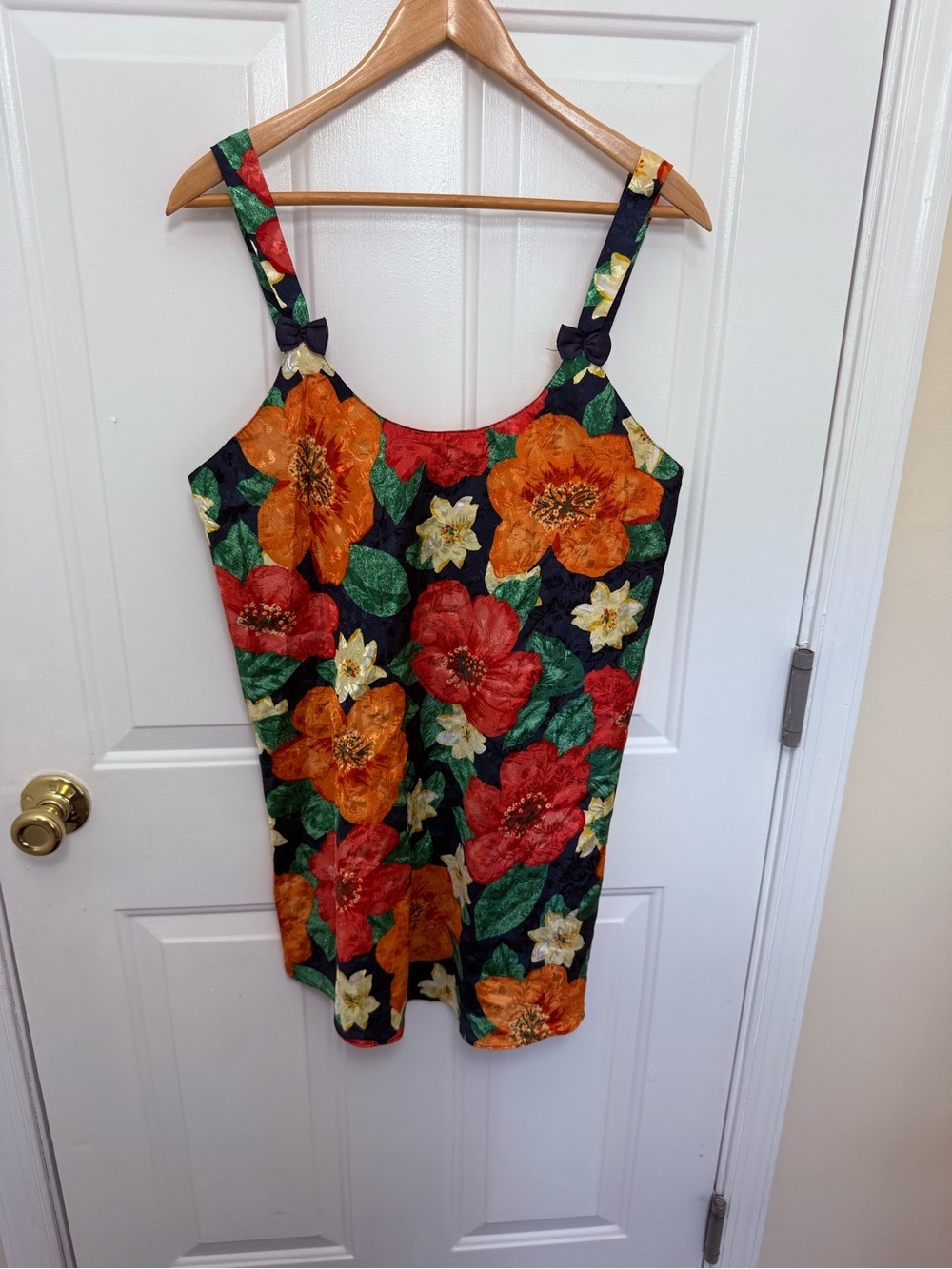 Vintage Vibrant Floral Night Dress M Bow Detail Coquette Girl Tropical